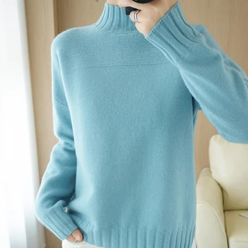 Жилетка жена от 100% чиста вълна 2021 нов модерен пуловер с намаляване на половина на вратата, дебела вязаная долна риза за жени