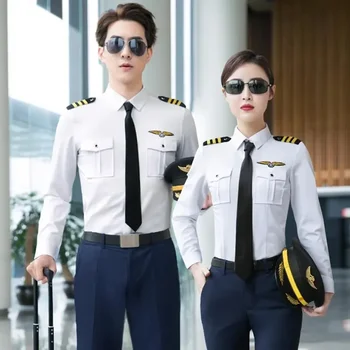 За работа, мъжки бели униформи за персонала, есенно-годишната униформи с дълъг ръкав, комплект пилот, Професионален дамски авиация