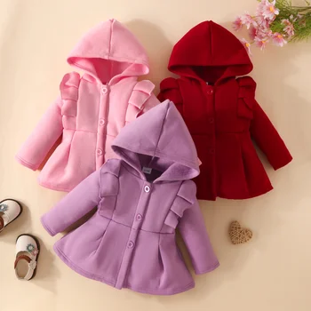 Зима 2023, палто за малки момичета, детски яке, Ветровка, детско однобортное однотонное палто с качулка, дрехи за новородени, за по-малките момичета 0-18 м