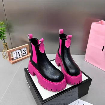 Зимна луксозна дизайнерска градинска дамски обувки в стил пънк и готик ЗеленоРозового цвят на дебела подметка и масивна ток, тънки ботильоны Челси, Модни обувки