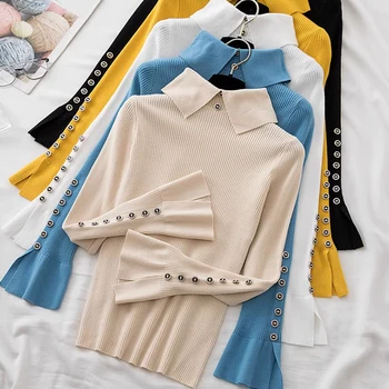 Зимни дебели пуловер с висока воротом, есенни нови модни пуловери копчета, Корейски обикновена прости блузи с дълъг ръкав, 28746