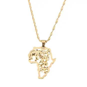 Златен цвят Колие със Слон Африканска карта Висулка Хип-Хоп Мода бижута с животни