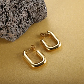 Златно покритие U-образна скоба-пръстени за жени, квадратни обеци, модни бижута за уши за всеки ден, подарък