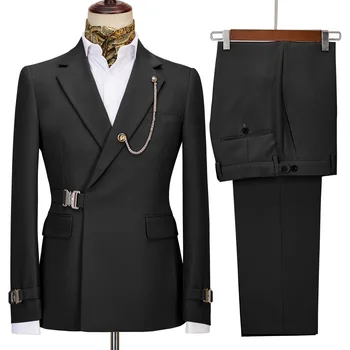 Изработена по поръчка Черен Мъжки Оборудвана Двубортный костюм от 2 теми, Официален Сватбен Костюм на Младоженеца, Сако, Панталон (Яке + панталон)