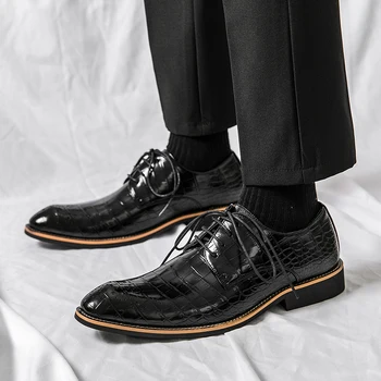 Италиански Мъжки Черни Модела Обувки От Луксозни Крокодилска Кожа, Сватбени Мъжки Oxfords дантела От Лачена Кожа, Класически Бизнес Официалната Обувки