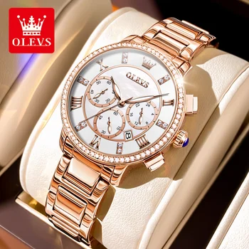 Кварцов часовник OLEVS за жени, луксозен Календар от розово злато и неръждаема стомана, Водоустойчив Светещи Елегантни дамски ръчен часовник, Подаръчен комплект