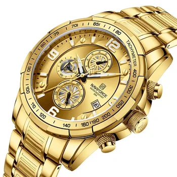 Кварцови часовници за мъже, Луксозни Златен часовник Мултифункционален таймер блясък Водоустойчив часовник Темперамент Стомана каишка Мъжки часовник Reloj Hombre