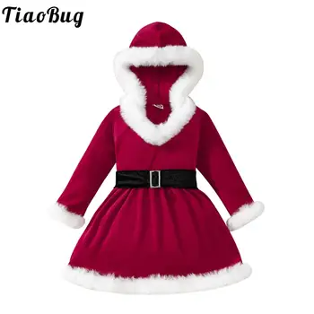 Коледна рокля за малки момичета, Коледна парти, костюм на Дядо Коледа за cosplay, Бархатное рокля с качулка, с пухкава една плюшена тапицерия с дълъг ръкав