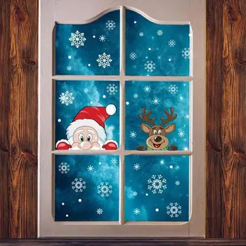 Коледна Стикер на Прозореца под формата на Снежинки за Стъкло Коледна Стикер Украса Празнична Снежинка Дядо Коледа Елен Стикер за P T7P2