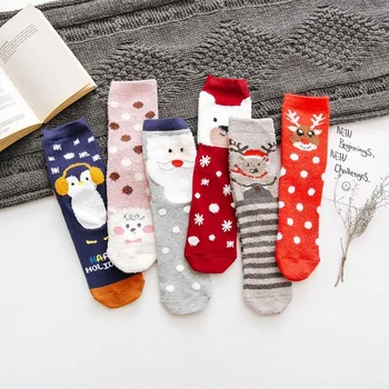 Коледни коралови кадифени чорапи, сгъстено Топло Есенно-зимни дамски домашни чорапи за сън, скъпа Мультяшная Подови тръба