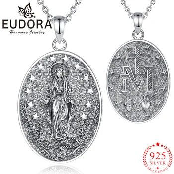 Колие Дева Мария от Сребро 925 Проба Eudora Ретро Висулка-Амулет с Пентаграма Религиозни Украса на Мъже, Жени Прекрасни Празнични подаръци
