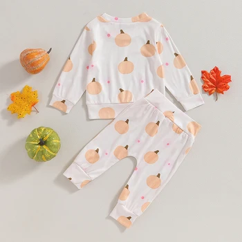 Комплект дрехи от 2 теми за малките момичета, hoody с дълги ръкави и принтом тиква за Хелоуин, ластични панталони, комплект детски дрехи през есента