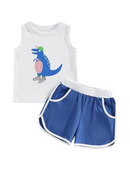 Комплект от 2 теми летни дрехи за деца, върхове с принтом динозавър, къси панталони, комплект без ръкави