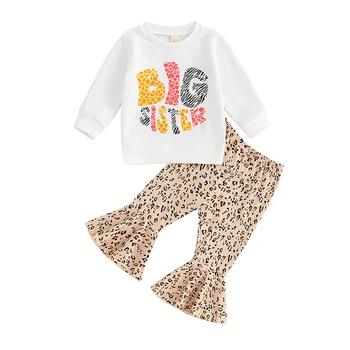 Комплект панталон за малки момичета, hoody с дълъг ръкав и писмото принтом с леопардовым принтом, разкроена панталони, комплект дрехи