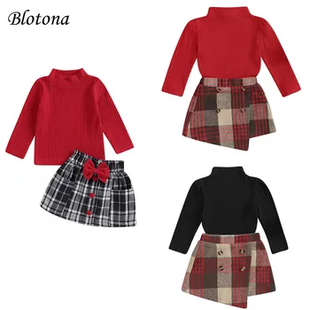 Комплект прагове за момичета Blotona Kids, тениска-поло в рубчик с дълъг ръкав и нередовни пола в клетката, комплект от 2 теми за 6 месеца-4 години