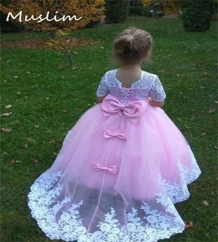 Красива розова рокля на цветчета за момичетата с лък, аппликацией с къс ръкав, бельо детско празнична рокля, пола, за първо причастие, на рождения Ден на детето