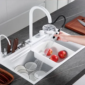 Кухненска мивка Nano White от неръждаема стомана 304, богат на функции мивка, кухненски смесители с водопад и сливным дупка, нови аксесоари за кухня