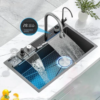 Кухненска мивка с водопад и многофункционален цифров дисплей, Батерия с Релефна неръждаема Стомана, Голям Кухненски Принадлежности с един слот