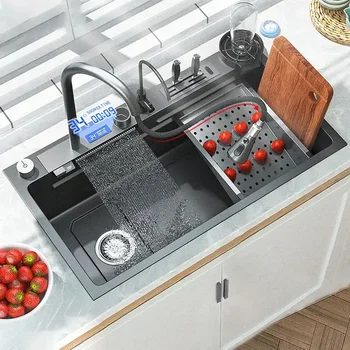 Кухненски водопадная мивка от неръждаема стомана 304, дигитален дисплей, Голяма мивка за измиване на съдове с мулти-сензорен водопад