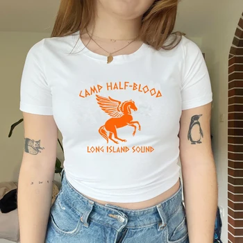Лагер Half Blood Long Island Sound Женски Съкратен Върховете Y2k Годишната Модерна Графична Тениска Дамски Percy Jackson Baby Tee На Хелоуин