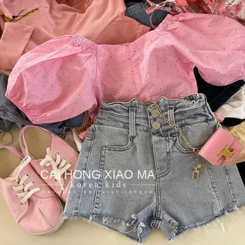 Летен комплект дрехи за малките момичета, комплект от две части, Розов топ + шорти, дънкови детски дрехи, детски облекла за рожден ден за жените