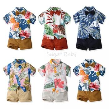 Летни комплекти дрехи за момчета 2023 г., памучен риза с къс ръкав и цветна принтом и обикновена шорти, красивите костюми за момчета 1-5 години