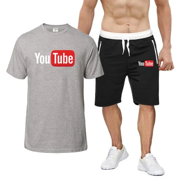 Летни Мъжки ежедневни комплекти YouTube Модерен принт, 2 броя, тениски с къс ръкав, къси Панталони, спортни облекла, спортни костюми, Летни спортни костюми