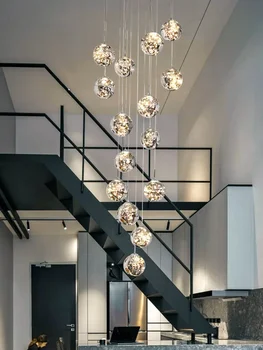 Луксозна led стъклен полилей за стълби Минималистичен кръгла топка Дълги висящи лампи Златното творческа изкуството на Прости тела
