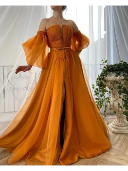 Луксозно Оранжевото Вечерна рокля За Жените С Открити рамене, Дълъг ръкав, Отворен Гръб, Влак, Носа, Без Презрамки, За Бала Рокля с Трапецовидна форма
