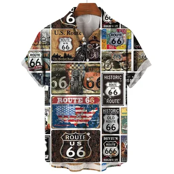 Лятна мъжка тениска Route 66 в ретро стил 2024 година с 3D-принтом топ с къс ръкав, дишаща мъжка риза голям размер, хавайска риза