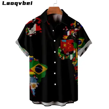 Лятна плажна Черна риза 2023 с шарките на карти, Свободна риза с къс ръкав и джоб, Мъжки хавайска риза Оверсайз