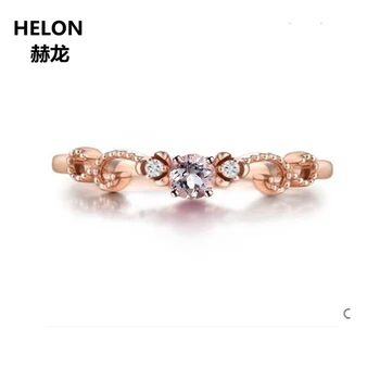 Масивно Розово злато 14 карата, естествени диаманти, Годежен пръстен за жени, Кръгъл пръстен с естествен морганитом, Реколта уникални бижута