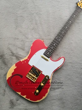 Матиран червен корпус електрически китари в стил ретро Ясен Жълт кленовая шия цял мост Златен тунер Бяла защитна плоча пикап
