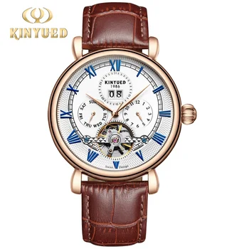Многофункционални модерен мъжки часовник Kinyued с турбийоном и календар, бизнес Напълно автоматични водоустойчив механични часовници