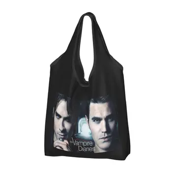 Множество чанта за продукти на The Vampire Diaries, която може да се пере в машина, чанти за пазаруване Damon Salvatore, голяма еко-чанта за съхранение, свързани калъф