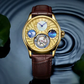 Модерен мъжки часовник AESOP с турбийоном, механизъм с ръчно от механичните ръчни часовници за мъже, фаза на Луната, Сапфирен кристал, водоустойчив