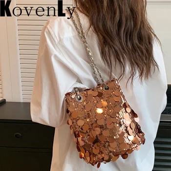 Модерна чанта през рамо, клатч с лъскави пайети, верига, презрамка, дизайнерска чанта с капак, класически дамски чанти