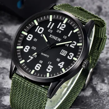 Модни зелени платно кварцов ръчен часовник с автоматично датата на Relogio Masculino XINEW Спортни часовници Мъжки Военни Армейските часовници Мъжки часовници