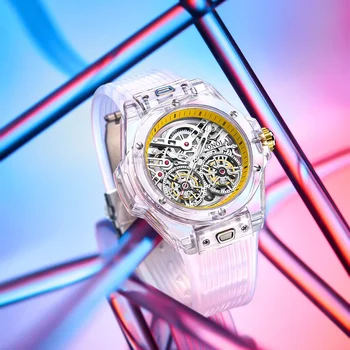 Модни издълбани прозрачни Напълно автоматични механични часовници за мъже ONOLA Tape Водоустойчив Tourbillion за мъжки часовник Clock