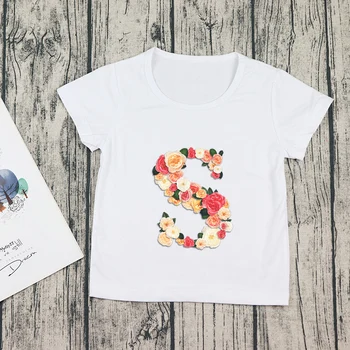 Модни тениски с букви и цветове за малки момичета, бели летни тениски за момчета, детски дрехи, блузи с къс ръкав, тениска Fille