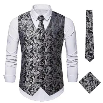 Мъжка жилетка с квадратна принтом в ретро стил, папийонка, Приталенная бизнес сватба парти, жилетка без ръкави, с костюм, сако, комплект жилетки