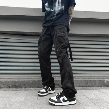 Мъжки бандажные черни модерен панталон-карго с множество джобове, спортни панталони в стил хип-хоп в стил харадзюку с еластичен ластик на талията