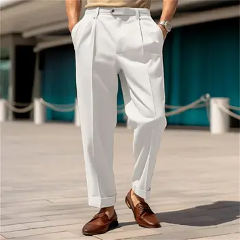 Мъжки Елегантни Широки Панталони с Джоб-Часова, Обикновена Бели Панталони За Официални Партита, Големи Размери 3xl, Мъжки Модни Костюмные Панталони С трикратно С Копчета