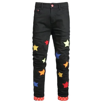 Мъжки ивици със звездите на дънки, многоцветни стрейчевые дънкови панталони в стил мозайка, тънки прави панталони с закатанным подолом