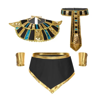 Мъжки кралят костюм фараон на Древен Египет, на парти за Хелоуин, Облекло за ролеви игри, Пола, с маншети, яка стойка, Колан