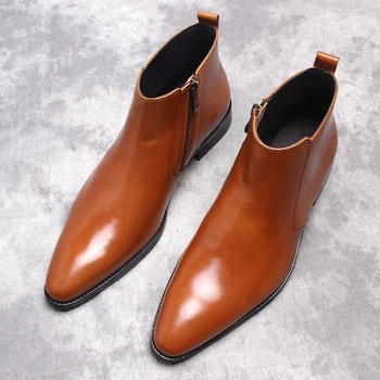 Мъжки обувки ръчна изработка, черни, Мъжки официални обувки от естествена кожа, Италианска мъжки обувки Челси с остри страничен цип за мъже