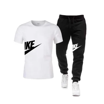 Мъжки удобен комплект от две части, мъжки ежедневни спортни дрехи за фитнес, фланелка с къс ръкав + дълги панталони, мъжки ежедневни спортни дрехи