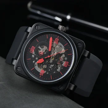 Най-добрите оригинални маркови луксозни мъжки часовник с автоматичен механичен гумена каишка 46 мм, выдалбливают черен корпус, часовници AAA, безплатна доставка
