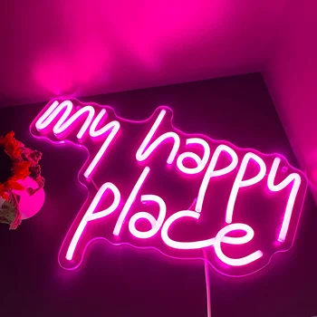 Неонова реклама с My Happy Place, led светлини My Happy Place За декора на стените, Неонови светлини, Неонови букви Естетичен декор на стените в стаята