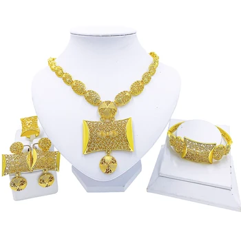 Нов набор от модни бижута с дупки Висулка Колие Обеци, Дамски златни накити от Дубай Гривна, Пръстен, Сватбени Аксесоари Подарък